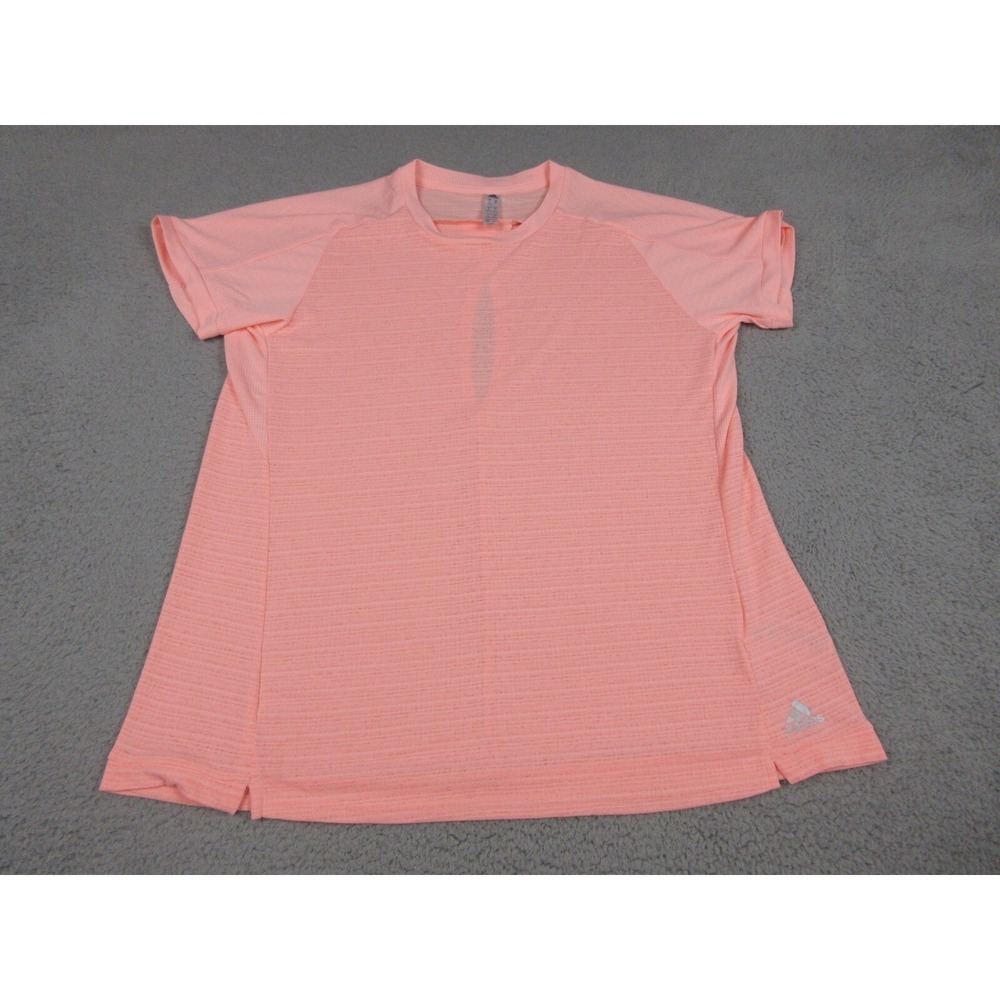 Adidas Shirt Womens Medium Pink Striped Short Sleeve Athletic Top Gym Workout